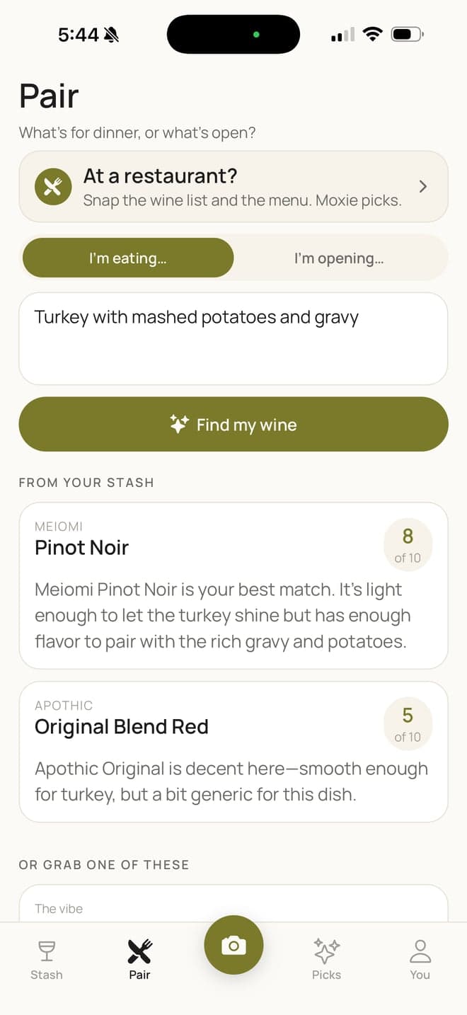 Moxie Vino app pairing turkey with mashed potatoes, ranking bottles from your own stash