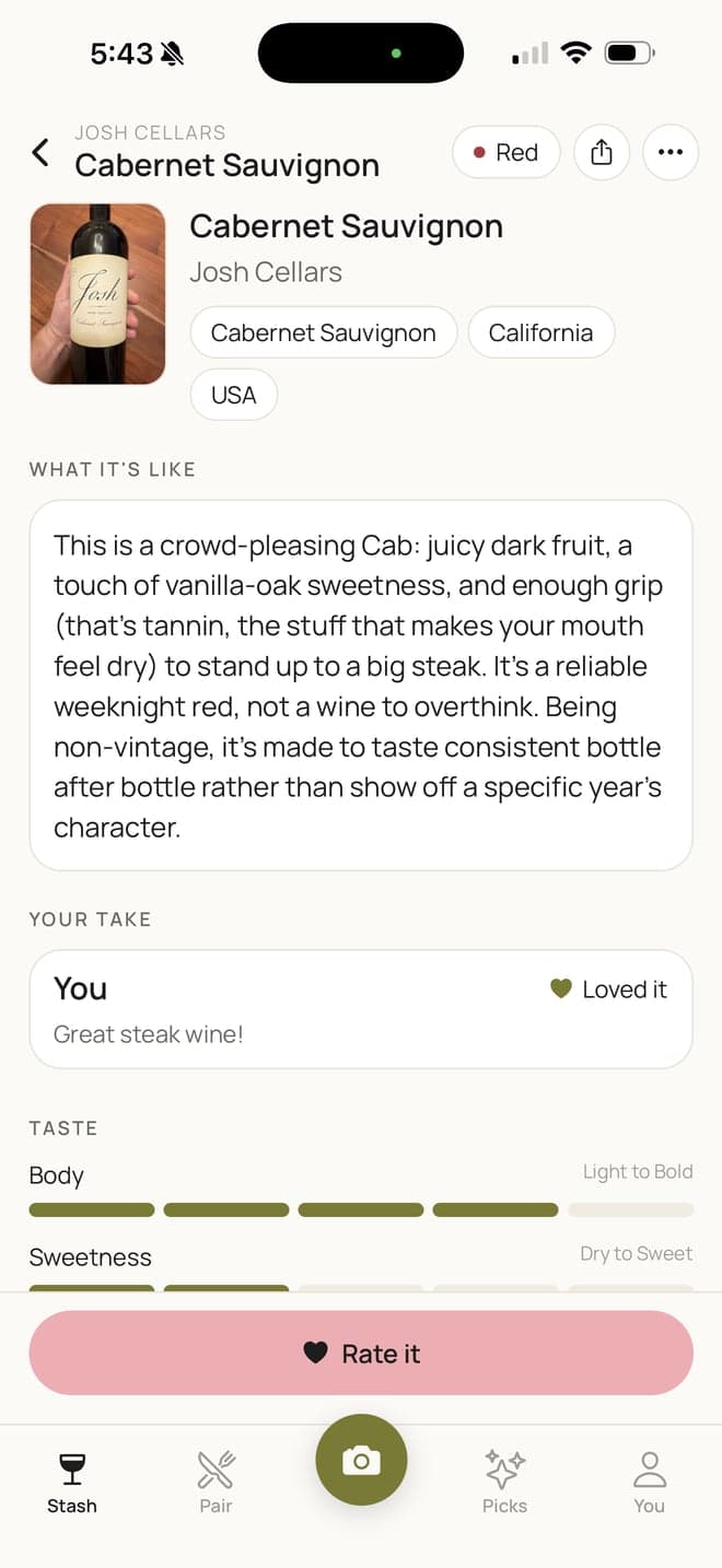 Moxie Vino app showing its take on Josh Cellars Cabernet Sauvignon: what it is like, your rating, and its taste